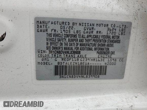 2022 Nissan Versa S с VIN 3N1CN8DV4NL839908, выставлен на аукционе Copart как лот 58776235 с пробегом 48 961 миль миль и Списание • Salvage title. История ставок и продаж доступна на DreamBid. Изображение 12.
