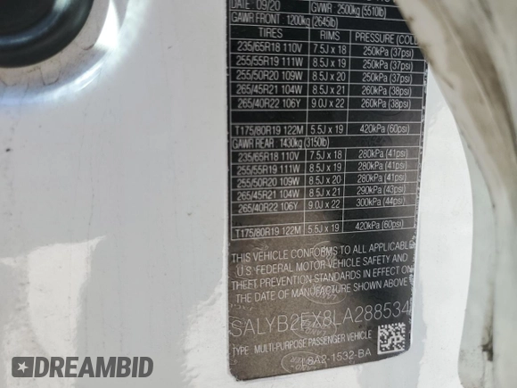 2020 Land Rover Range Rover Velar S with VIN SALYB2EX8LA288534, listed as a Copart auction lot 47898575 with 83,470 mi miles and Salvage Title. Bid and sale history available at DreamBid. Image 14.