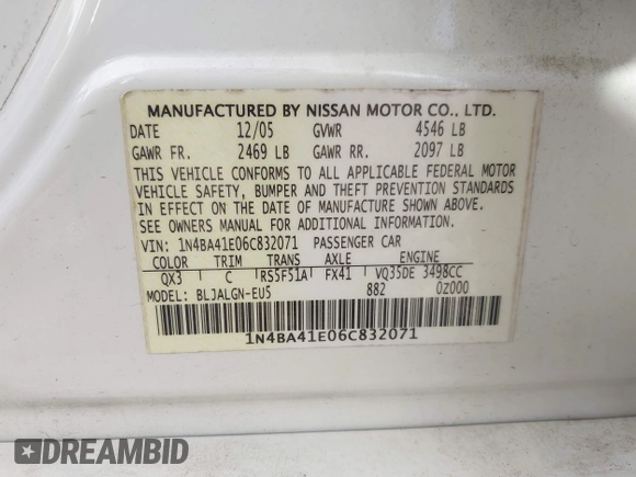 2006 Nissan Maxima 3.5 SL with VIN 1N4BA41E06C832071, listed as a IAAI auction lot 41477952 with 180,845 mi miles. Bid and sale history available at carsss.com. Image 9.