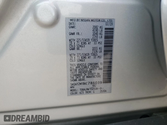 2019 Nissan Rogue SL with VIN 5N1AT2MT8KC786039, listed as a Copart auction lot 51773095 with 33,735 mi miles and Salvage Title. Bid and sale history available at DreamBid. Image 14.