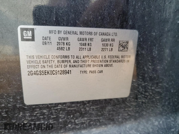2012 Buick Regal Premium 1 with VIN 2G4GS5EK0C9128941, listed as a Copart auction lot 49110325 with 145,693 mi miles and Salvage title. Bid and sale history available at DreamBid. Image 14.