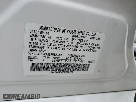 2015 Infiniti Q40 with VIN JN1CV6AR6FM522375, listed as a Copart auction lot 39700744 with 107,801 mi miles and Salvage Title. Bid and sale history available at carsss.com. Image 12.