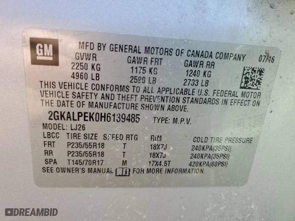 2017 GMC Terrain SLT with VIN 2GKALPEK0H6139485, listed as a Copart auction lot 49700575 with 146,799 mi miles and Clean Title. Bid and sale history available at carsss.com. Image 13.