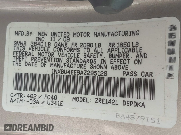 2010 Toyota Corolla with VIN 1NXBU4EE9AZ295128, listed as a IAAI auction lot 42118631 with 197,839 mi miles. Bid and sale history available at carsss.com. Image 9.