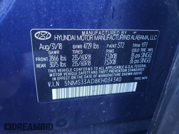 2019 Hyundai Santa Fe SEL Plus z VIN 5NMS33AD8KH034340, wystawiony jako Copart lot #81659584 z przebiegiem 68 368 mil mil oraz Szkoda całkowita • Salvage title. Historia ofert i sprzedaży dostępna na DreamBid. Obrazek 16.