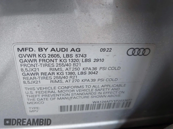 2023 Audi SQ5 Sportback Premium Plus с VIN WA124AFY1P2033677, выставлен на аукционе IAAI как лот 41998875 с пробегом 34 674 миль миль и . История ставок и продаж доступна на DreamBid. Изображение 9.