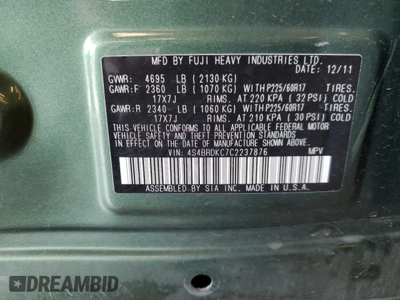 2012 Subaru Outback Limited with VIN 4S4BRDKC7C2237876, listed as a Copart auction lot 59484285 with Not provided miles and Salvage title. Bid and sale history available at DreamBid. Image 12.