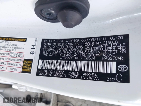 2020 Toyota Prius L Eco z VIN JTDKARFU4L3116504, wystawiony jako IAAI lot #42178279 z przebiegiem 33 668 mil mil oraz . Historia ofert i sprzedaży dostępna na DreamBid. Obrazek 9.