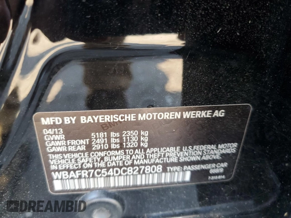 2013 BMW 5 Series 535i with VIN WBAFR7C54DC827808, listed as a Copart auction lot 61285525 with 120,274 mi miles and Salvage title. Bid and sale history available at DreamBid. Image 12.