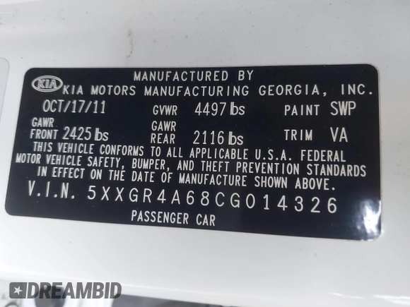 2012 Kia Optima SX with VIN 5XXGR4A68CG014326, listed as a IAAI auction lot 41215375 with 145,172 mi miles and . Bid and sale history available at carsss.com. Image 9.