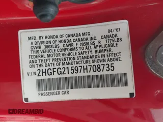 2007 Honda Civic Si z VIN 2HGFG21597H708735, wystawiony jako IAAI lot #42467956 z przebiegiem 242 345 mil mil oraz . Historia ofert i sprzedaży dostępna na DreamBid. Obrazek 9.