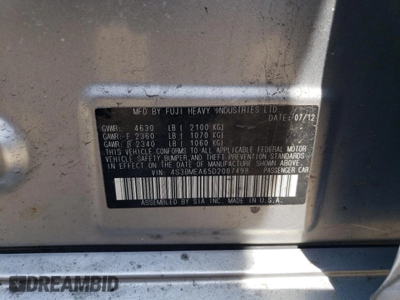 2013 Subaru Legacy with VIN 4S3BMEA65D2007498, listed as a Copart auction lot 54959735 with 185,254 mi miles and Clean title. Bid and sale history available at DreamBid. Image 12.
