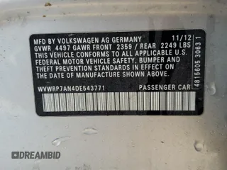 2013 Volkswagen CC Lux with VIN WVWRP7AN4DE543771, listed as a Copart auction lot 78415754 with 136,584 mi miles and Salvage Title. Bid and sale history available at DreamBid. Image 12.