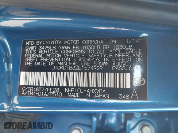2014 Toyota Prius One with VIN JTDKDTB32E1574929, listed as a IAAI auction lot 39091611 with 128,131 mi miles and . Bid and sale history available at DreamBid. Image 9.