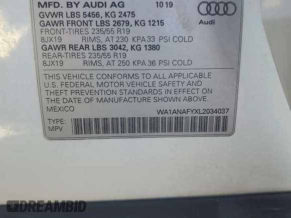 2020 Audi Q5 Premium with VIN WA1ANAFYXL2034037, listed as a Copart auction lot 63627825 with 33,874 mi miles and Salvage title. Bid and sale history available at DreamBid. Image 13.