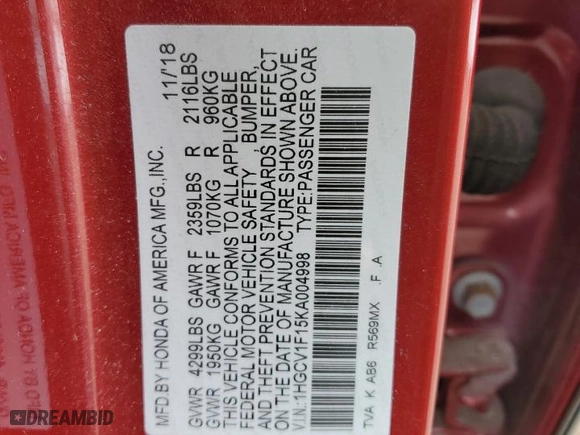 2019 Honda Accord Sedan LX 1.5T with VIN 1HGCV1F15KA004998, listed as a Copart auction lot 45697355 with 126,373 mi miles and Salvage Title. Bid and sale history available at carsss.com. Image 14.