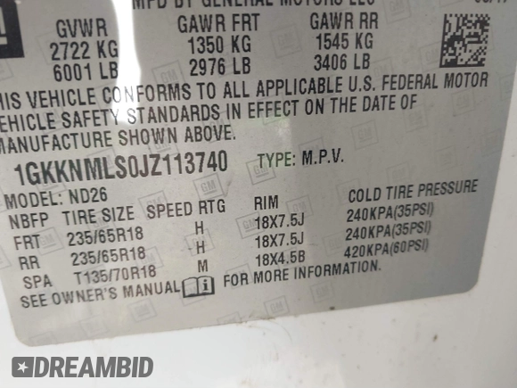 2018 GMC Acadia SLT with VIN 1GKKNMLS0JZ113740, listed as a IAAI auction lot 40977194 with 79,437 mi miles and . Bid and sale history available at carsss.com. Image 9.