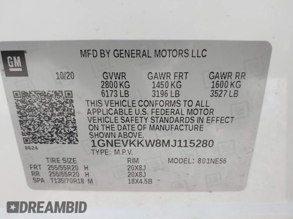 2021 Chevrolet Traverse Premier with VIN 1GNEVKKW8MJ115280, listed as a IAAI auction lot 41729621 with 43,354 mi miles. Bid and sale history available at carsss.com. Image 9.