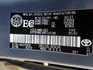2021 Toyota Corolla L with VIN 5YFBPMBE6MP240198, listed as a Copart auction lot 51951215 with 44,078 mi miles and Salvage Title. Bid and sale history available at carsss.com. Image 13.