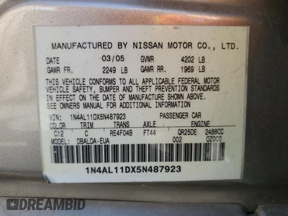 2005 Nissan Altima 2.5 z VIN 1N4AL11DX5N487923, wystawiony jako Copart lot #54387365 z przebiegiem 186 859 mil mil oraz Szkoda całkowita • Salvage title. Historia ofert i sprzedaży dostępna na DreamBid. Obrazek 12.