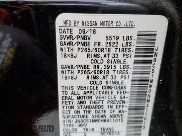2017 Infiniti QX70 with VIN JN8CS1MW0HM411015, listed as a Copart auction lot 44016155 with Not Provided miles and Salvage Title. Bid and sale history available at carsss.com. Image 13.