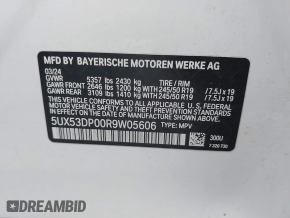2024 BMW X3 xDrive30i with VIN 5UX53DP00R9W05606, listed as a IAAI auction lot 41730750 with 28,781 mi miles and . Bid and sale history available at DreamBid. Image 9.