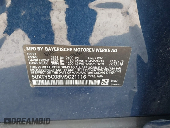 2021 BMW X3 xDrive30i with VIN 5UXTY5C08M9G21116, listed as a IAAI auction lot 41834586 with 51,441 mi miles and . Bid and sale history available at DreamBid. Image 9.
