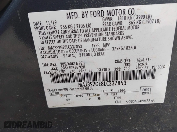 2020 Ford EcoSport SE with VIN MAJ3S2GE8LC337853, listed as a IAAI auction lot 42126070 with Not Provided miles. Bid and sale history available at carsss.com. Image 9.