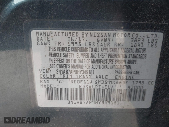 2017 Nissan Sentra SV with VIN 3N1AB7AP9HY349181, listed as a IAAI auction lot 41080220 with Not Provided miles and . Bid and sale history available at DreamBid. Image 9.