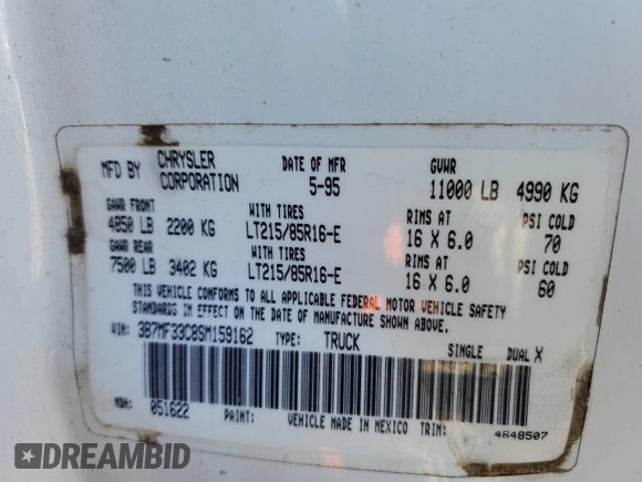 1995 Dodge Ram 3500 with VIN 3B7MF33C8SM159162, listed as a Copart auction lot 73484924 with 229,630 mi miles and Salvage Title. Bid and sale history available at carsss.com. Image 14.