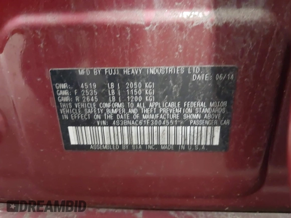 2015 Subaru Legacy Premium с VIN 4S3BNAC61F3004551, выставлен на аукционе IAAI как лот 42800665 с пробегом 208 068 миль миль и . История ставок и продаж доступна на DreamBid. Изображение 9.