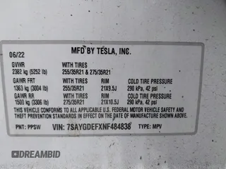 2022 Tesla Model Y Performance z VIN 7SAYGDEFXNF484838, wystawiony jako IAAI lot #41392095 z przebiegiem 8 728 mil mil oraz . Historia ofert i sprzedaży dostępna na DreamBid. Obrazek 9.