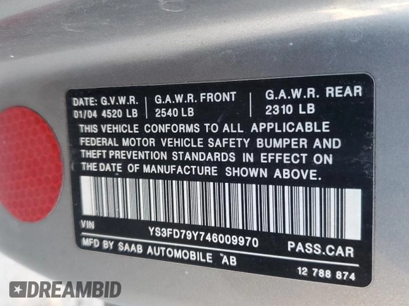 2004 Saab 9-3 Arc z VIN YS3FD79Y746009970, wystawiony jako Copart lot #87085714 z przebiegiem 284 982 mil mil oraz Tytuł czysty. Historia ofert i sprzedaży dostępna na DreamBid. Obrazek 12.