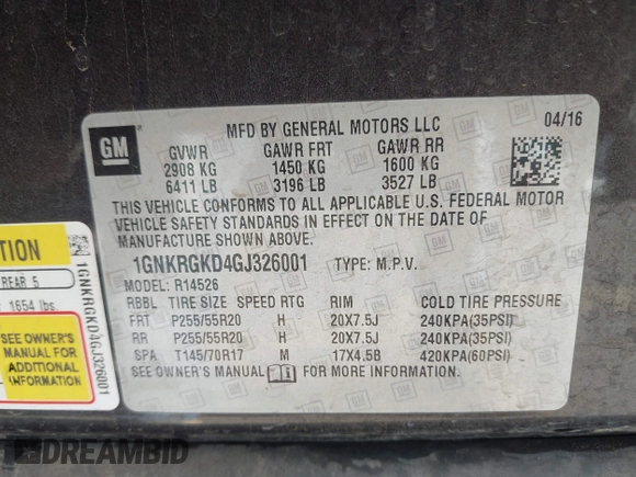 2016 Chevrolet Traverse LT with VIN 1GNKRGKD4GJ326001, listed as a IAAI auction lot 41826843 with 87,274 mi miles. Bid and sale history available at carsss.com. Image 9.