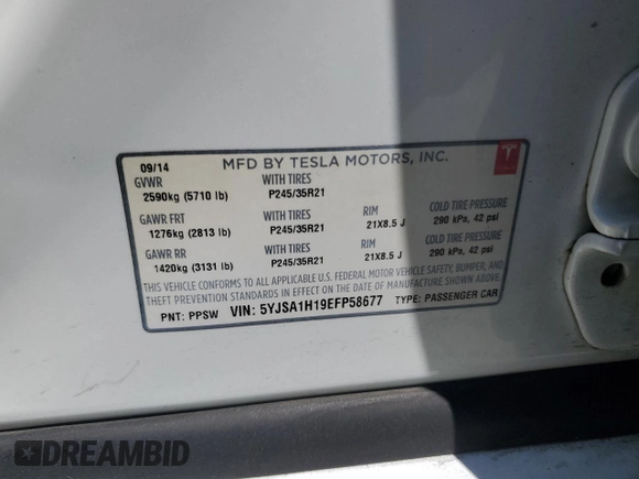 2014 Tesla Model S 60 with VIN 5YJSA1H19EFP58677, listed as a Copart auction lot 61446345 with 150,152 mi miles and Salvage title. Bid and sale history available at DreamBid. Image 13.