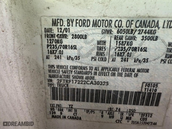 2002 Ford F-150 Heritage XL with VIN 2FTRF17222CA30325, listed as a Copart auction lot 44594185 with 0 mi miles and Salvage Title. Bid and sale history available at carsss.com. Image 8.