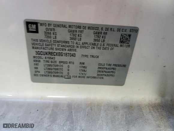 2014 Chevrolet Silverado 1500 LT with VIN 3GCUKRECXEG187043, listed as a Copart auction lot 43006795 with 0 mi miles and Salvage Title. Bid and sale history available at carsss.com. Image 12.