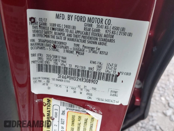 2017 Ford Fusion SE with VIN 3FA6P0HD2HR308902, listed as a IAAI auction lot 42667059 with 105,593 mi miles and . Bid and sale history available at DreamBid. Image 9.