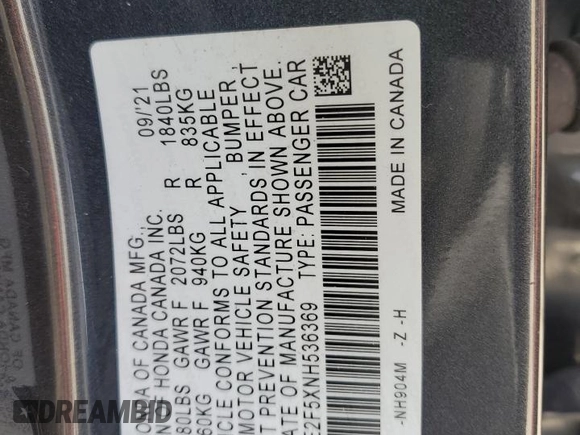 2022 Honda Civic Sport z VIN 2HGFE2F5XNH536369, wystawiony jako Copart lot #51066395 z przebiegiem 37 338 mil mil oraz Szkoda całkowita • Salvage title. Historia ofert i sprzedaży dostępna na DreamBid. Obrazek 13.