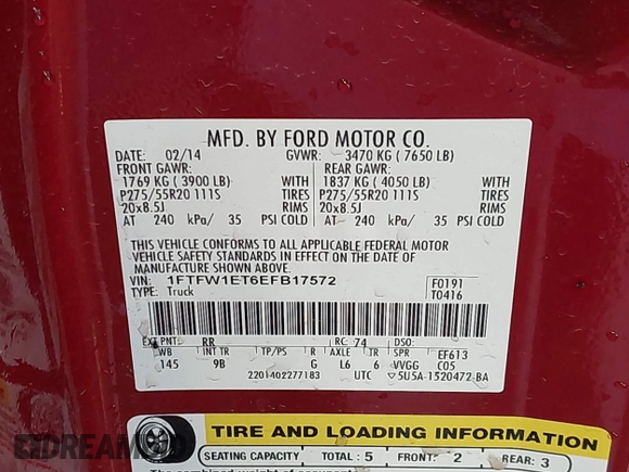 2014 Ford F-150 XL with VIN 1FTFW1ET6EFB17572, listed as a IAAI auction lot 42475681 with Not provided miles and . Bid and sale history available at DreamBid. Image 9.