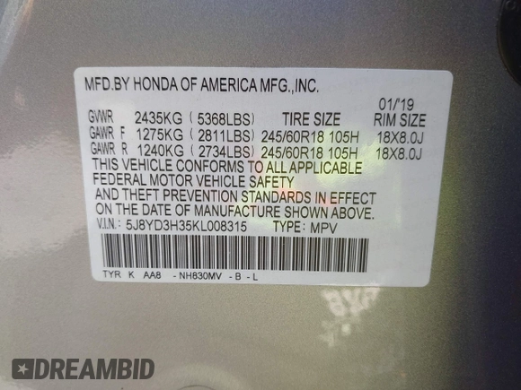 2019 Acura MDX with VIN 5J8YD3H35KL008315, listed as a IAAI auction lot 42151636 with 59,894 mi miles and . Bid and sale history available at DreamBid. Image 9.