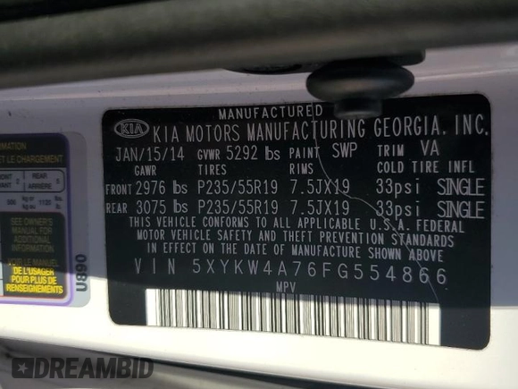 2015 Kia Sorento SX Limited with VIN 5XYKW4A76FG554866, listed as a Copart auction lot 79847234 with 114,582 mi miles and Salvage Title. Bid and sale history available at carsss.com. Image 14.