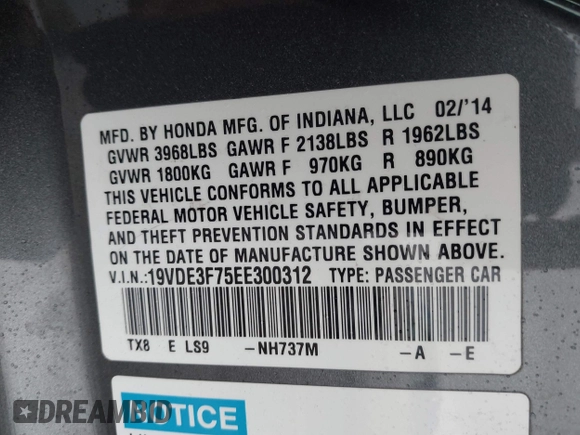 2014 Acura ILX Hybrid Technology z VIN 19VDE3F75EE300312, wystawiony jako IAAI lot #41608572 z przebiegiem 126 974 mil mil oraz . Historia ofert i sprzedaży dostępna na DreamBid. Obrazek 9.