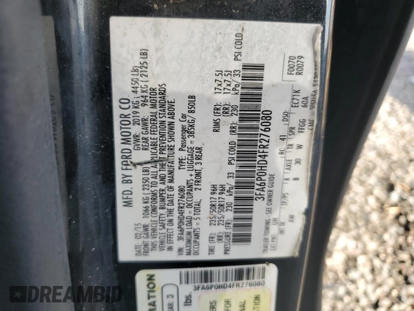 2015 Ford Fusion SE with VIN 3FA6P0HD4FR276080, listed as a Copart auction lot 62287435 with 137,095 mi miles and Salvage title. Bid and sale history available at DreamBid. Image 13.