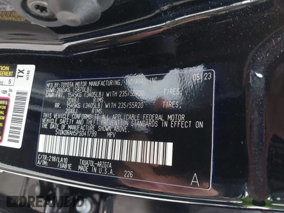 2023 Toyota Highlander L with VIN 5TDKDRAH5PS041799, listed as a IAAI auction lot 40872394 with 18,641 mi miles and . Bid and sale history available at DreamBid. Image 9.