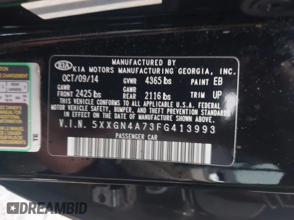 2015 Kia Optima EX with VIN 5XXGN4A73FG413993, listed as a IAAI auction lot 41536587 with 195,670 mi miles. Bid and sale history available at carsss.com. Image 9.