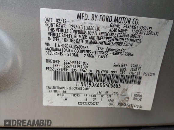 2013 Lincoln MKS with VIN 1LNHL9DK6DG600685, listed as a IAAI auction lot 42171998 with 165,933 mi miles and . Bid and sale history available at DreamBid. Image 9.
