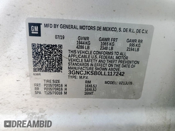 2020 Chevrolet Trax LS with VIN 3GNCJKSB0LL117242, listed as a Copart auction lot 59346525 with 106,347 mi miles and Salvage title. Bid and sale history available at DreamBid. Image 13.