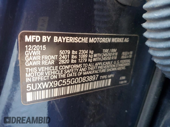 2016 BMW X3 xDrive28i with VIN 5UXWX9C55G0D83897, listed as a Copart auction lot 51317975 with 89,772 mi miles and Salvage Title. Bid and sale history available at DreamBid. Image 14.