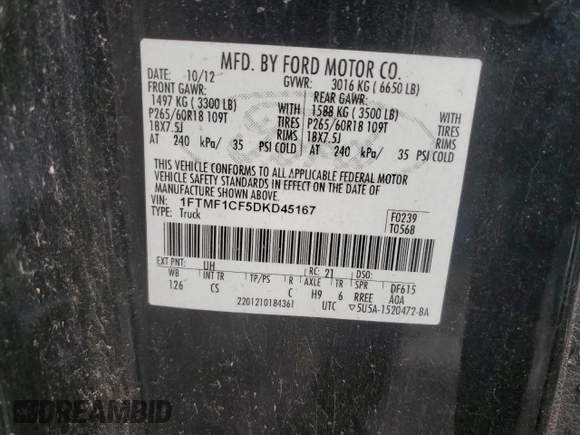 2013 Ford F-150 XL with VIN 1FTMF1CF5DKD45167, listed as a Copart auction lot 45029525 with 141,749 mi miles and Salvage title. Bid and sale history available at DreamBid. Image 12.